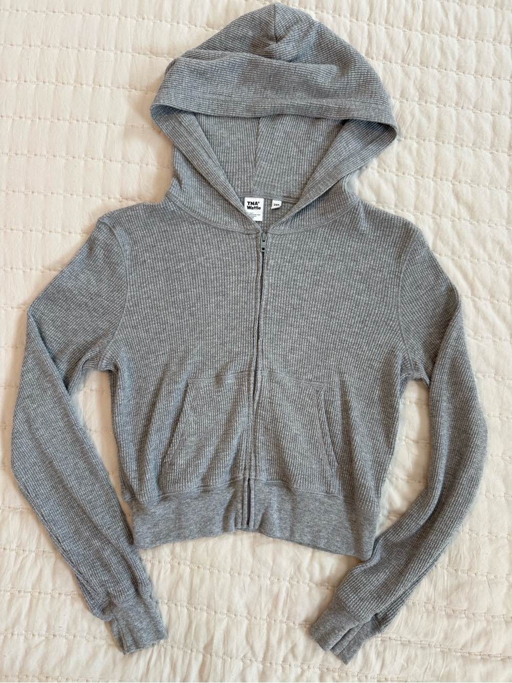 Aritzia TNA Waffle Cropped Zip Hoodie Heather Dover Grey Size 2XS/XXS